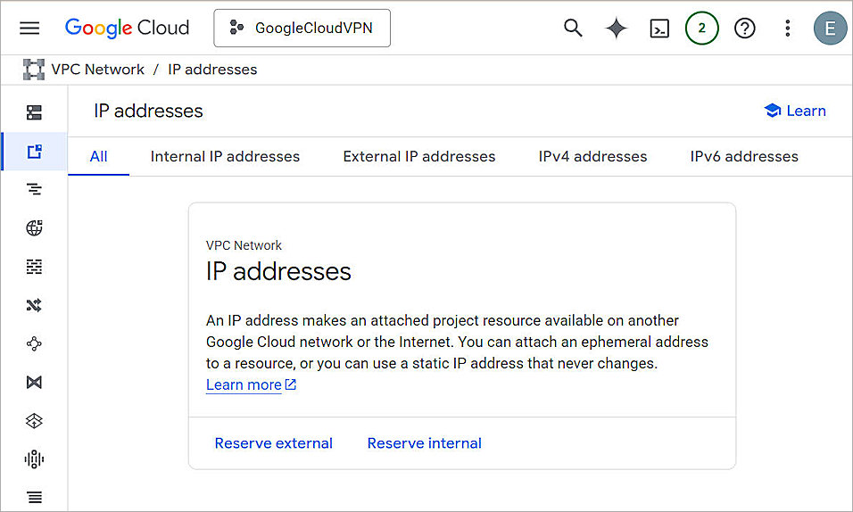 Screenshot of the static address settings in Google Cloud